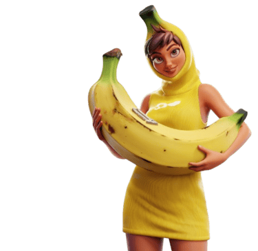 a woman in a yellow dress holding a banana peeler
