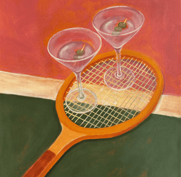 Artwork of vintage tennis racket with two martinis on top of it