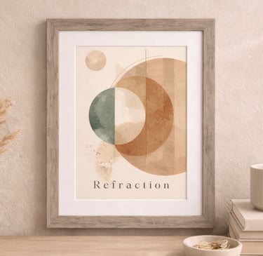 Minimalist abstract art print in a wood frame on a desk with boho pampas grass and neutral decor.