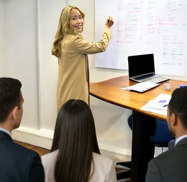 Renee Lin leading a corporate business coaching workshop at a whiteboard
