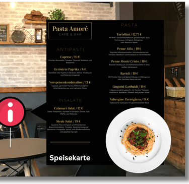 Infopunktes von einem virtuellen 360° Rundgang mit eingeblendeter Speisekarte in einem Restaurant