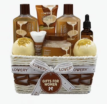 A luxury gift basket filled with vanilla coconut-scented bath products by Lovery