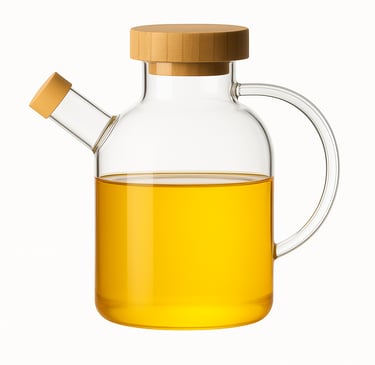 Minimalist clear glass olive oil dispenser with wooden lid and handle