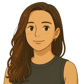 A cartoon representation of a woman {me} with long brown hair and a black top