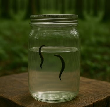 un bocal contenant des sangsues et de l'eau