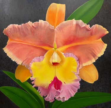 Luminous Monumental Orange Cattleya by Christine Knize, master of glazing