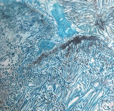 Lino block for Great Dixter Peacock Blue