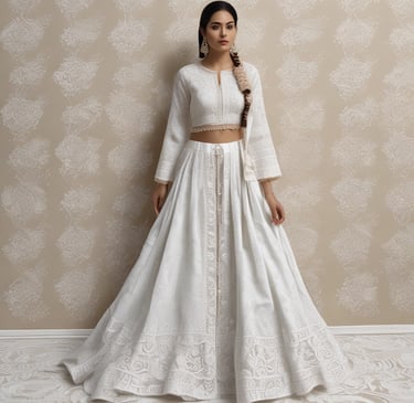 Elegant chikankari outfits arranged with cultural decor elements.