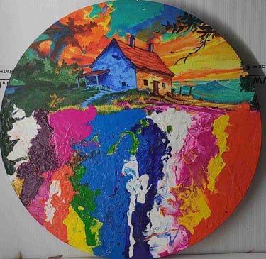 "Round Earth-shaped colorful painting showing a house, trees, and flying birds-Meant for export"