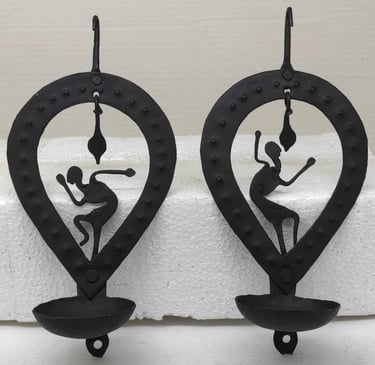 "Tribal handcrafted twin-holder hanging oil lamp–wrought iron decor-for foreign markets"