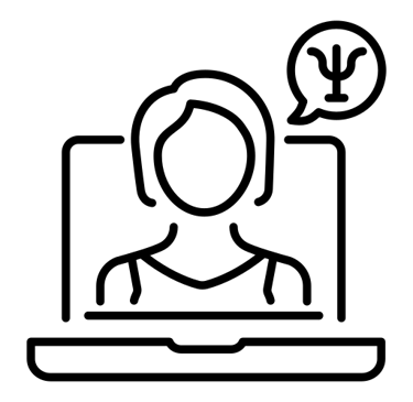 ein Icon zeigt eine Frau auf einem laptop Bildschirm mit einer Sprechblase mit symbol Ψ