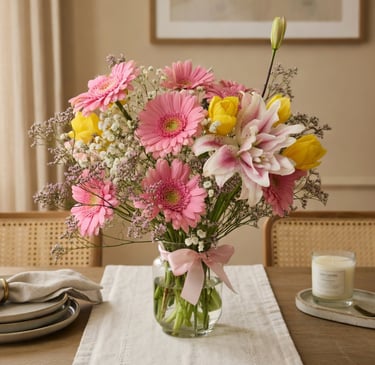 Fresh bouquet of pink gerbera daisies, yellow tulips, and lilies in a glass vase on a wooden dining table.