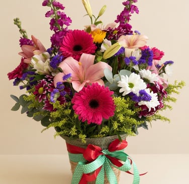 A colorful floral arrangement with pink gerbera daisies, lilies, and purple snapdragons in a ribbon-tied basket.