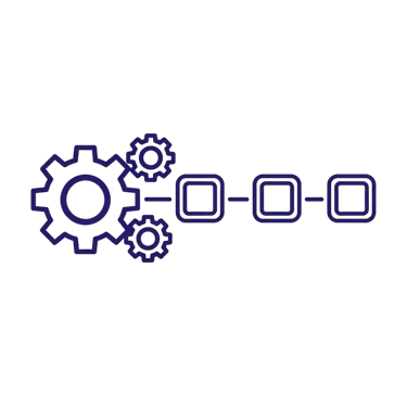 A purple line art icon depicting interlocking gears connected to a sequential workflow process.