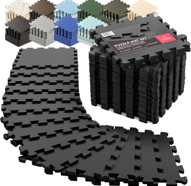 Black interlocking EVA foam puzzle mat tiles for gym flooring and home exercise workouts.