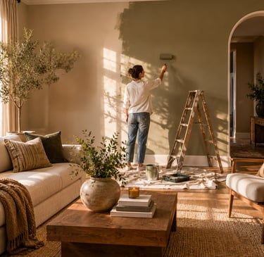 A woman uses a paint roller to apply sage green paint to a living room wall during a home renovation.
