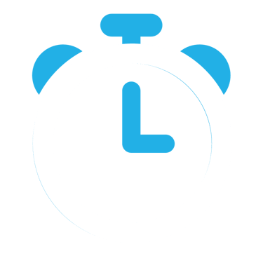 White clock icon with blue accent for hour and minute hands and alarm bell