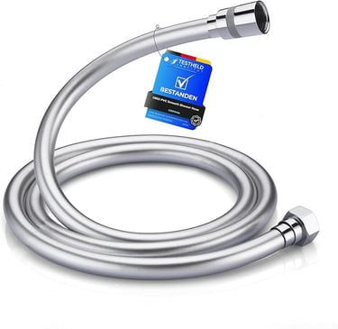 Flexible silver PVC smooth shower hose with chrome-plated brass connectors for bathroom replacement.