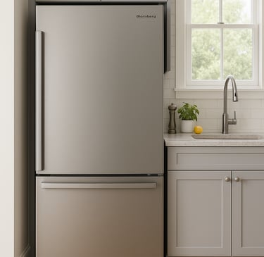 Blomberg fridge in a modern kitchen with gray cabinets and a quartz countertop.