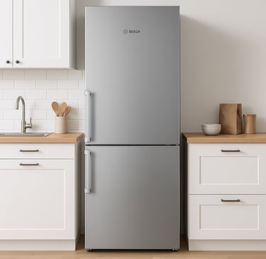 Bosch fridge in a modern kitchen with white cabinets and wood countertops.