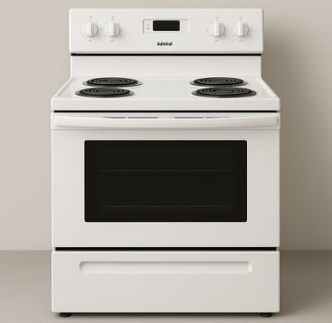 White Admiral electric stove and oven positioned beside a list of common repair issues