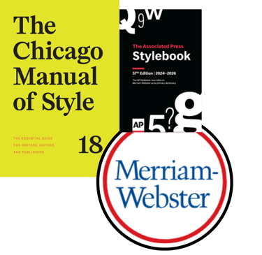 Book covers for the Chicago Manual of Style and the AP Stylebook and the logo for Merriam-Webster