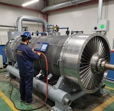 Engineer in a hard hat inspecting a large industrial turbine engine with a digital tablet in a factory.