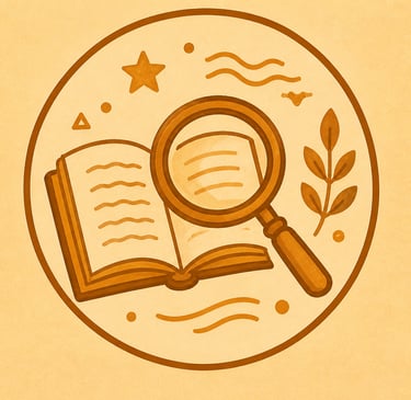 Vintage circular illustration of an open book and magnifying glass for research and discovery.