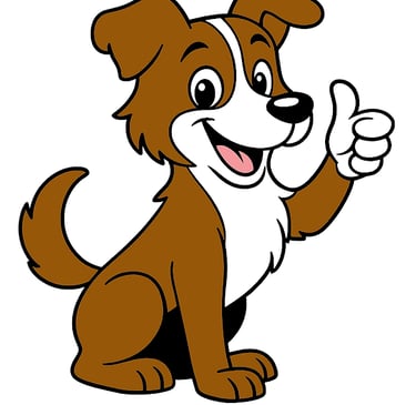Scout the mascot, a brown and white dog giving a thumbs up and a smile