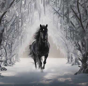 Black horse running through the snow