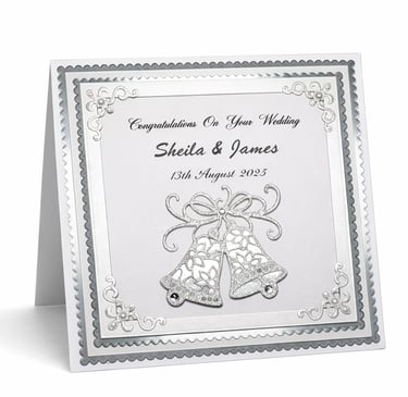 Personalized handmade wedding card featuring silver glitter bells, pearls, and custom names.