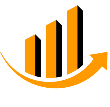 a black and orange arrow pointing upward logo