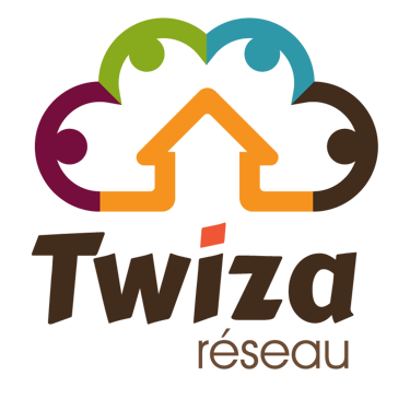 Twiza Réseau logo featuring a house shape and colorful figures on a black background.