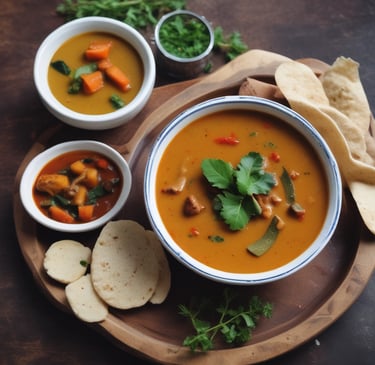 A white plate holds three steamed savory cakes alongside two types of chutneys, one creamy white with specks and another spiced brown. A small white bowl with sambar and a metal spoon sits on the edge of the plate.