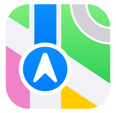 A colorful navigation map app icon featuring a blue GPS arrow symbol on a stylized grid of roads and parks.