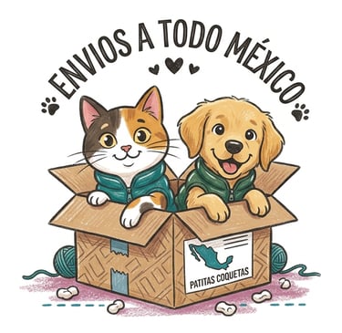 Un gato y un perro adorables en una caja de envío con el texto «Envíos a todo México».