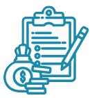 A clipboard with a pencil and a bag of money on it.