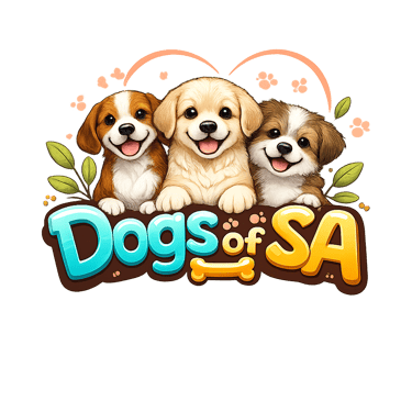Three cute cartoon puppies smiling above a colorful Dogs of SA logo with paw prints.