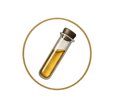 A glass test tube filled with golden liquid medicine inside a gold circle on a black background.