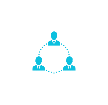 Blue professional networking icon showing three people icons connected in a circular dotted pattern.