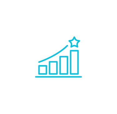 Blue line icon showing a rising bar chart with a star representing growth and business success.