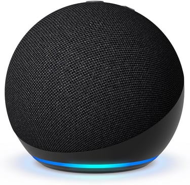 Black Amazon Echo Dot 4th Gen smart speaker with a blue LED light ring base isolated on white background.