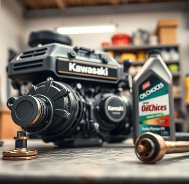 A photo-realistic image of a Kawasaki FR691V engine, placed on a workbench in an organized garage se