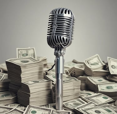 A vibrant workspace with headphones, microphones, and a laptop showing audio editing software.