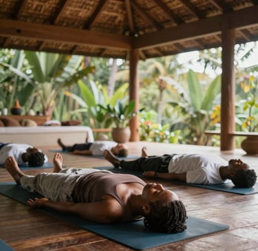 People gathered around a long table with food and flowers.