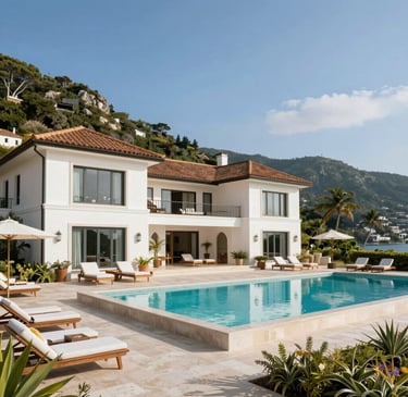 People gathered around a long table with food and flowers.