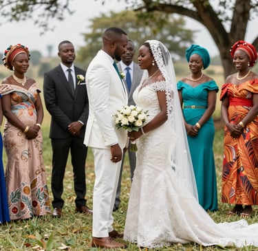 People gathered around a long table with food and flowers.
