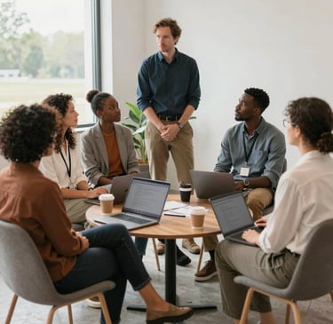 People gathered around a long table with food and flowers.