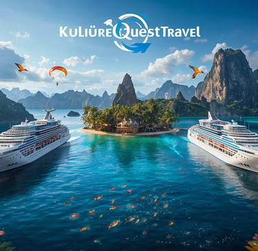 Two luxury cruise ships sailing through tropical islands for a Culture Quest Travel vacation.