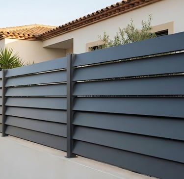 Valla metálica moderna de lamas horizontales inclinadas Modelo Horizonte instalada en vivienda